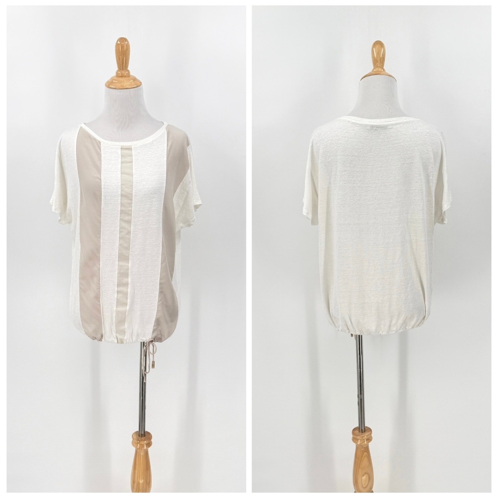 FABIANA FILIPPI Top Womens Small Cream Striped Linen Silk Drawstring Hem Luxury